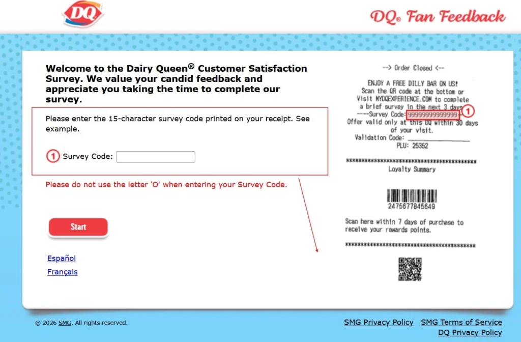www.mydqexperience.com with 15 character survey code