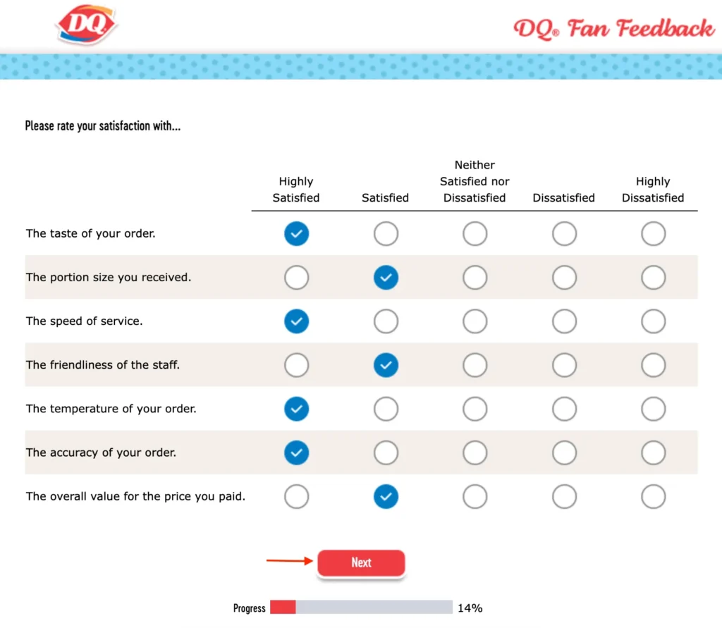 Dairy Queen Feedback Survey question